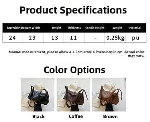 Size chart and color options for large capacity PU leather shoulder tote bag