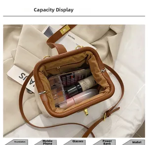 Top view of retro beige shell bag showing large interior capacity for daily items