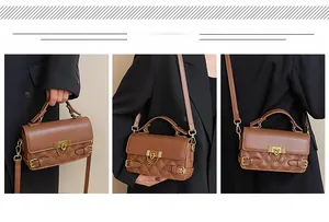 Three-way carry demonstration of brown quilted crossbody bag: handheld, shoulder, and crossbody