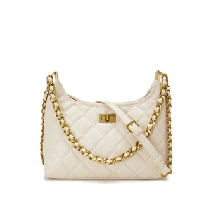 Elegante borsa a secchiello trapuntata beige con catena dorata e chiusura a girello chic