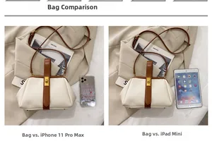 Beige contrast handbag size comparison with iPhone 11 Pro Max and iPad mini