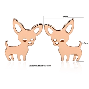 Detailed view of rose gold Chihuahua stud earrings with 8mm by 12mm dimensions