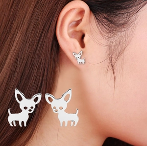 Minimalist stainless steel Chihuahua dog stud earrings with a polished silver finish