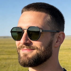 Mens vintage polarized square sunglasses with plastic steel frame shown on male model outdoors