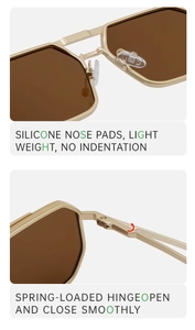Détails de lunettes de soleil carrées avec plaquettes en silicone et charnières à ressort