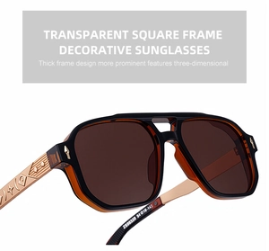 Detail of square sunglasses with golden metal temples and ornate star pattern engraving