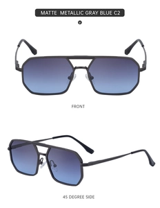 Vues de face et de profil à 45 degrés de lunettes de soleil bleu gris mat pour hommes