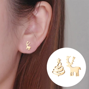 Asymmetric Christmas tree and reindeer stud earrings in gold metal for holiday gifts