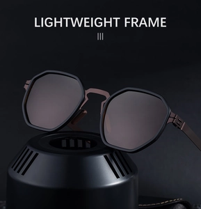 Detail of lightweight bronze metal hinges and comfortable nose pads on square sunglasses