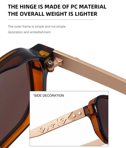 Détail des branches en métal doré gravé et charnière robuste des lunettes de soleil