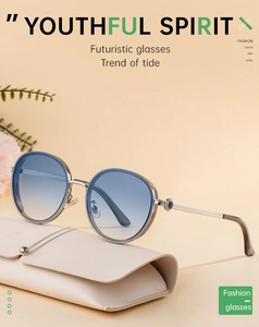 Close-up of round frame sunglasses with blue gradient lenses and silver metal frame