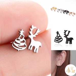 Boucles D Oreilles Asymétriques Sapin De Noël Renne En Acier Inoxydable Bijoux De Fête De Vacances Pour Femmes Filles Cadeau