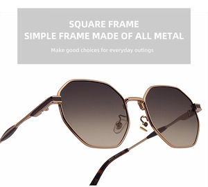 Vue détaillée de lunettes de soleil polygonales en métal doré avec verres dégradés