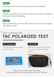 Polarized TAC lens test showing UVA and UVB protection and glare filtering on fishing card