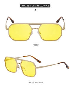 Détail de lunettes aviateur double pont en or mat avec verres jaunes et embouts en écaille