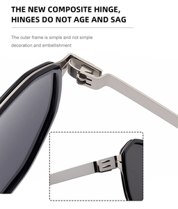 Detail of durable new composite hinge on square polarized sunglasses with metal frame