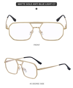 Vues frontale et latérale de lunettes de soleil carrées en métal doré mat pour hommes