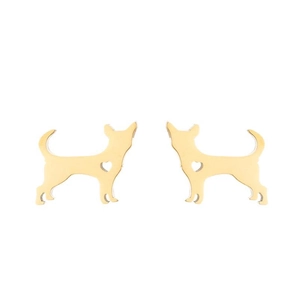 Macro detail of golden dachshund silhouette stud earrings with heart cutout design