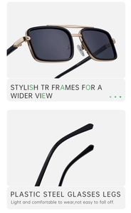 Detail of square double-bridge sunglasses with black frame, gold trim, and TR temples
