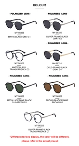 Matrix display of square polarized sunglasses frames in seven diverse color combinations