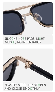 Detail of soft silicone nose pads and smooth steel hinges on men's polarized sunglasses