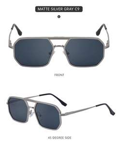 Vues de face et à 45 degrés de lunettes aviateur carrées gris argent mat à double pont