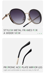 Detailed macro view of gold metal frames and propionic acid temples on round sunglasses