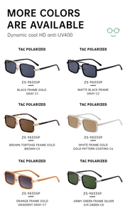 Detailed catalog of polarized square sunglasses with UV400 protection in multiple colors