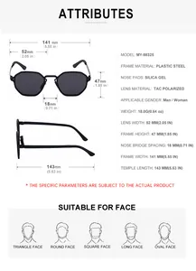 Detailed size guide for square polarized sunglasses with plastic steel frame dimensions