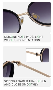 Detail of soft silicone nose pads and flexible spring hinges on round punk sunglasses