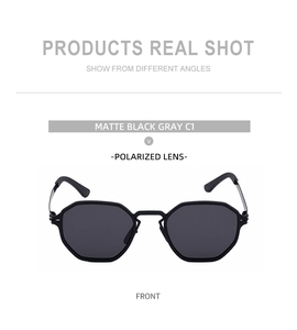 Front view of matte black geometric sunglasses with polarized lenses on white background