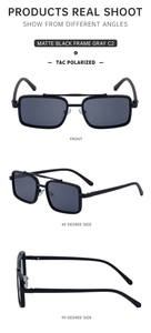Three-way view of matte black polarized sunglasses showing front and side profile details