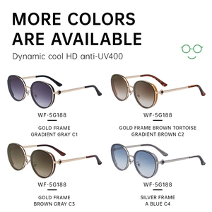 Four color variants of round metal sunglasses with HD UV400 lenses in a collage view
