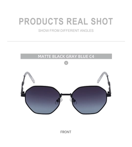 Vue de face de lunettes de soleil polygonales noir mat avec verres dégradés gris bleu chic