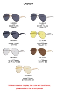 Detailed grid of aviator sunglasses in gold, silver, and black frames with multi-color lenses