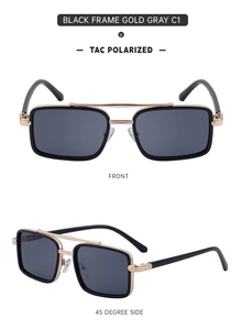 Close-up of polarized square frame sunglasses with black gold trim and grey TAC lenses