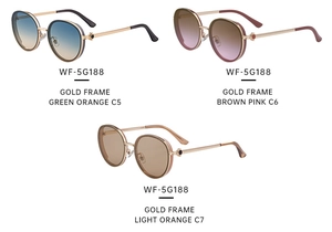 Detailed view of round punk sunglasses in gold frames with gradient lens options