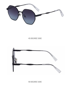 Vue latérale double des lunettes de soleil en métal montrant la structure à 45 et 90 degrés