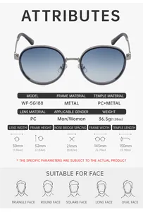Detailed size chart for retro round sunglasses including frame and lens dimensions