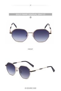Vues de face et de profil à 45 degrés de lunettes de soleil en métal doré avec verres dégradés