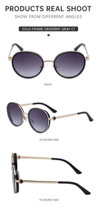 Three-angle view of round punk sunglasses with gold metal frames and gradient gray lenses