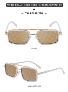Detail view of white square frame sunglasses with gold pattern polarized lenses