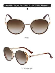 Front and side view of round punk sunglasses with golden metal and tortoiseshell frame