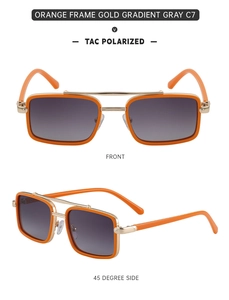 Front and 45-degree side view of orange polarized square sunglasses with gold metal temples