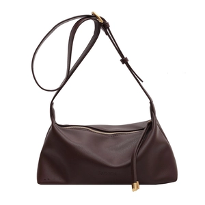 Minimalist deep brown pebbled leather tote bag with gold hardware and FASHION logo