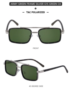 Macro view of men's square polarized sunglasses with army green frame and metal bridge