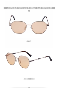 Détails des lunettes de soleil polygonales dorées avec verres marron clair et filtre bleu