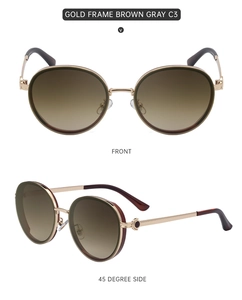 Front and side view of gold frame round sunglasses with brown gradient lenses