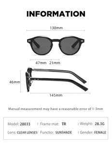 Guide des tailles détaillé pour lunettes de soleil rondes rétro montrant largeur et mesures