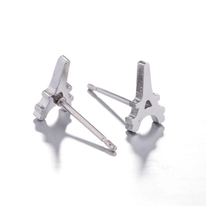 Minimalist stainless steel Eiffel Tower stud earrings with a matte silver finish